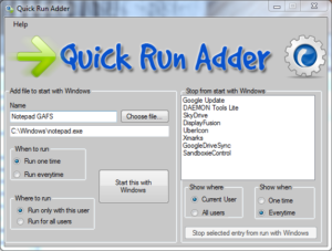 Quick Run Adder main window