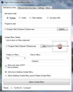 Right Click Context Menu Adder main window