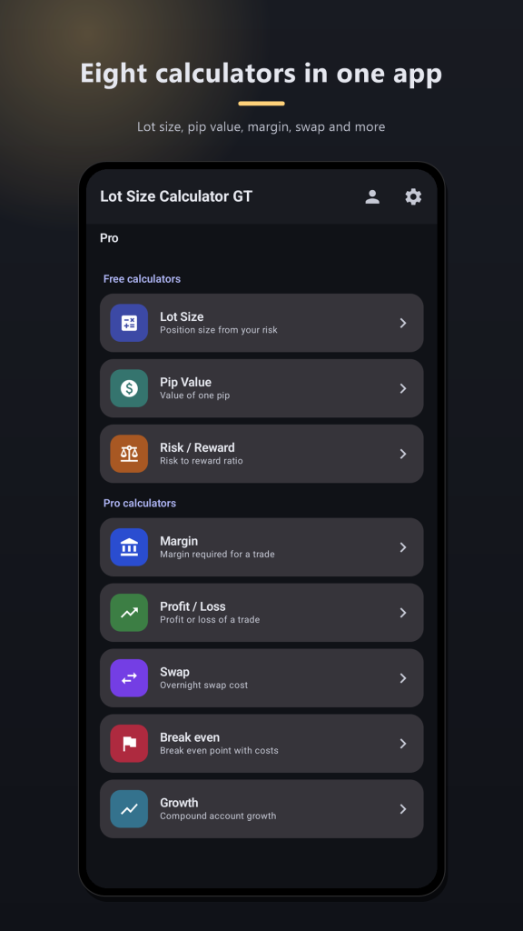 Lot Size Calculator GT — eight forex calculators in one app, home screen