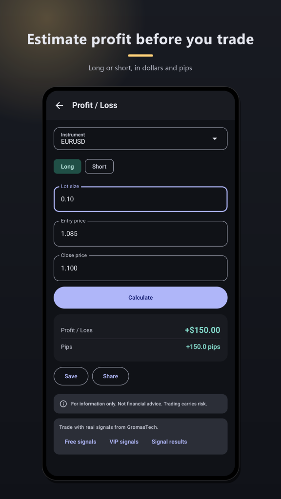 Lot Size Calculator GT — profit and loss calculator for long and short trades