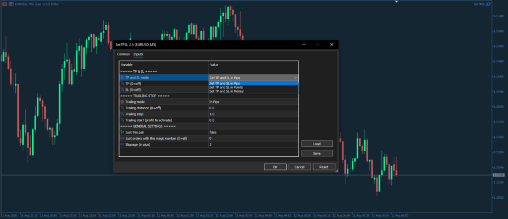 Set TP and SL in Pips Points or Currency MT5 screenshot 1